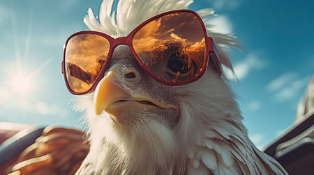 Portrait of a bald eagle wearing sunglasses and looking at the cameraの素材