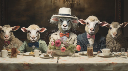 Sheep and lambs sitting at a table in a vintage interiorの素材
