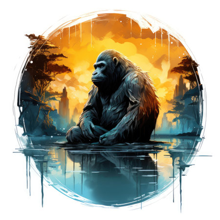 Gorilla on the lake on a white background.の素材