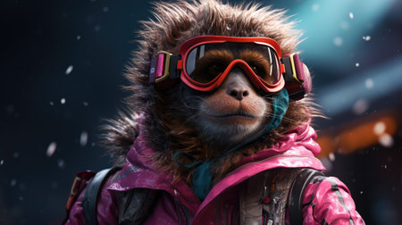 Close-up portrait of a monkey in a ski suit and goggles.の素材