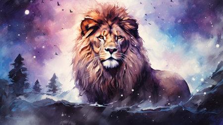 a lion in the night sky with snowflakesの素材