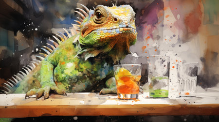 a green iguana drinking a glass of orange juiceの素材