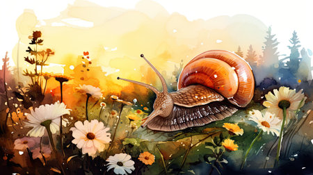 Watercolor Garden snail on grass with flowers.の素材