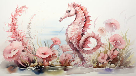 a seahorse in the water with pink flowersの素材