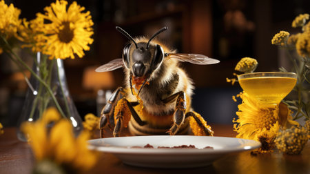 Honey bee eating honey on a plate in a cafe with flowersの素材
