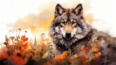 a wolf in a field of poppies.の素材