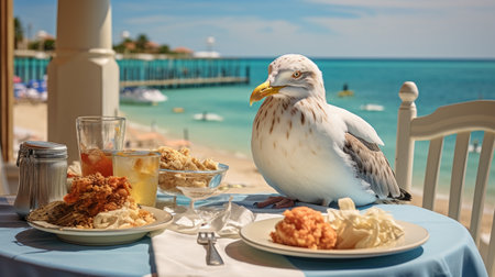 A seagull sits on a table in a restaurant by the seaの素材
