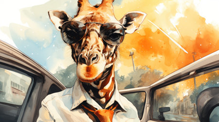 Close-up portrait of a giraffe in sunglasses and a white shirt.の素材