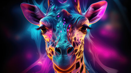 giraffe head in colour background with glowing effect.の素材