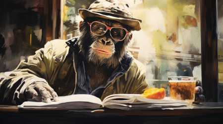 Monkey in a hat and glasses reading a book in a cafeの素材