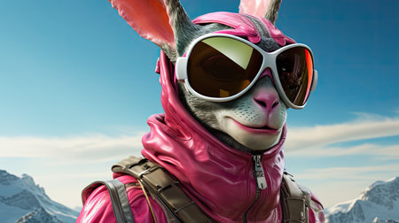 Funny dog wearing ski goggles and pink jacket.の素材