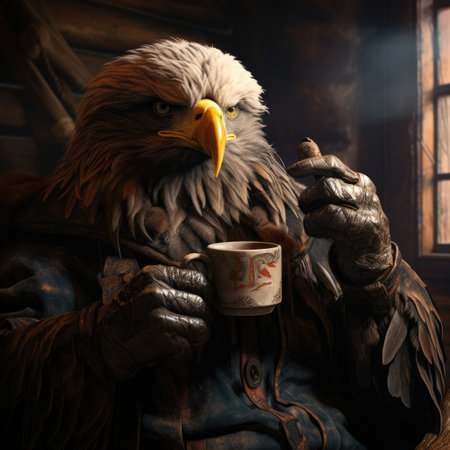 Eagle with a cup of coffee in his hand.の素材