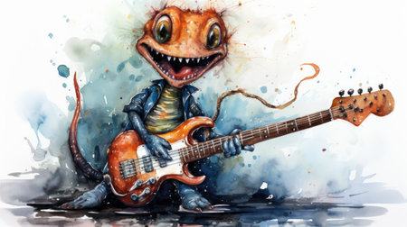 Watercolor Cartoon monster playing the electric guitar.の素材