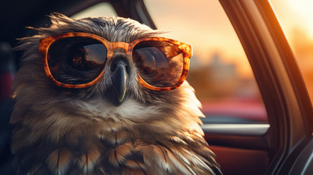 Portrait of a beautiful owl in sunglasses sitting in the car.の素材