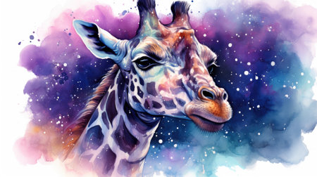 Watercolor giraffe on a background of cosmic skyの素材