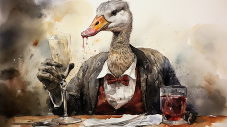 Duck with a glass of wine in his hand.の素材