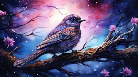 a bird sitting on a branch in a fantasy forestの素材