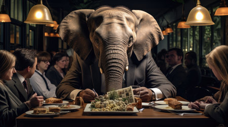 Business people having a dinner in a restaurant with an elephant in the foregroundの素材