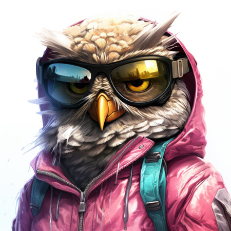 Owl in winter jacket and sunglasses on white background.の素材