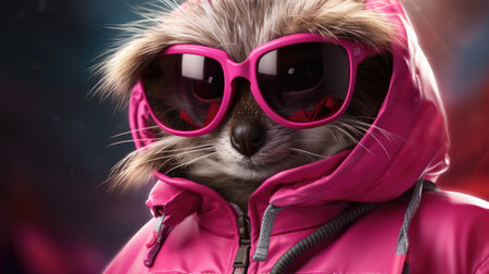 Funny cat wearing pink sunglasses and a pink jacket, close-upの素材