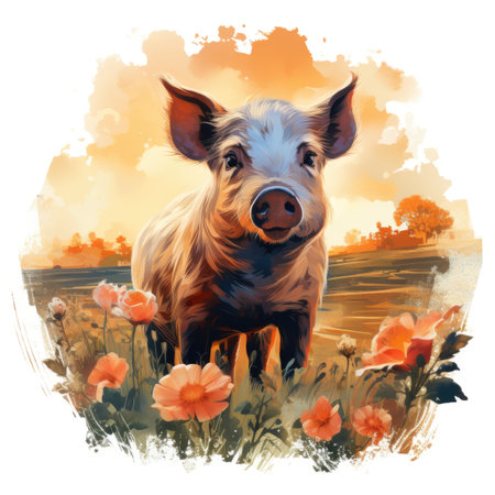 Pig in the meadow with poppies.の素材