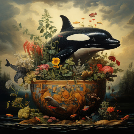 Killer whale in a bowl of flowers on a dark background.の素材