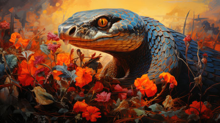 a snake in an autumn meadow with flowers.の素材