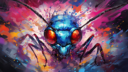 Colorful watercolor painting of a fly on a colored background.の素材