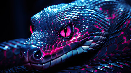 a fantasy snake isolated on black background with neon lightの素材