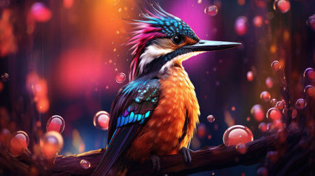 Beautiful bird sitting on a tree branch in the forest. Colorful background.の素材