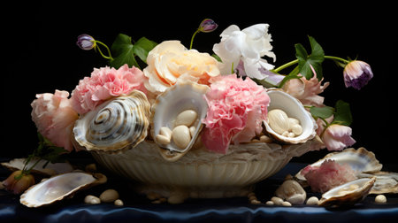 Spa still life with flowers and seashells on black backgroundの素材