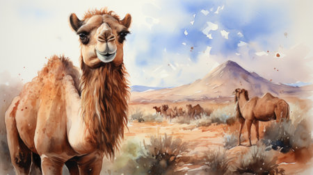 Watercolor Camel in the desert.の素材