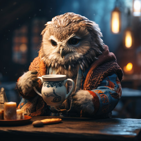 Cute owl with a cup of hot drink in his hand.の素材