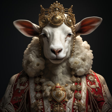 Portrait of a sheep with a crown on his head. Isolated on black background.の素材