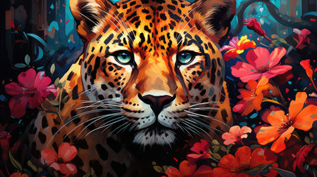 Leopard portrait with red flowers on background.の素材