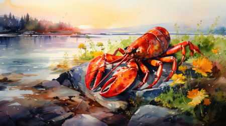 Lobster on a rock with flowers in the foreground.の素材