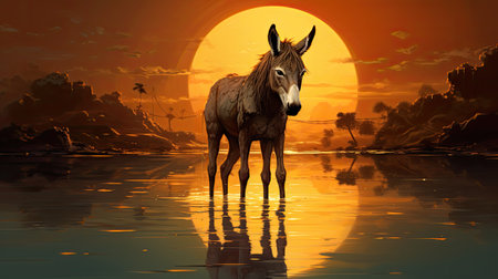 Donkey on sunset backgroundの素材