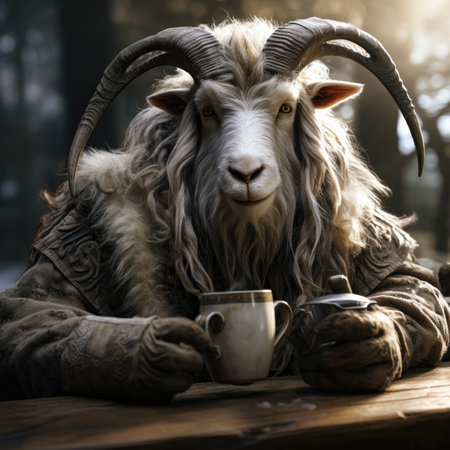 Portrait of a goat with a cup of coffee in the forestの素材