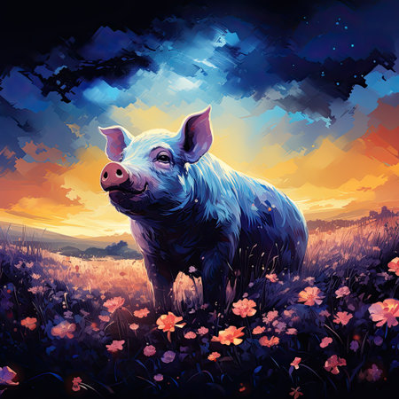 Pig in the meadow with poppiesの素材