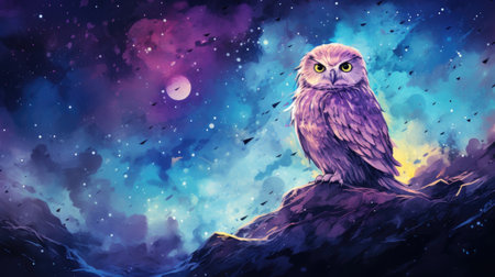 Watercolor Night sky with stars and owl.の素材