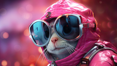 Funny cat wearing aviator sunglasses and pink winter jacket.の素材