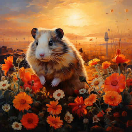 Funny hamster in the meadow with flowers at sunset.の素材