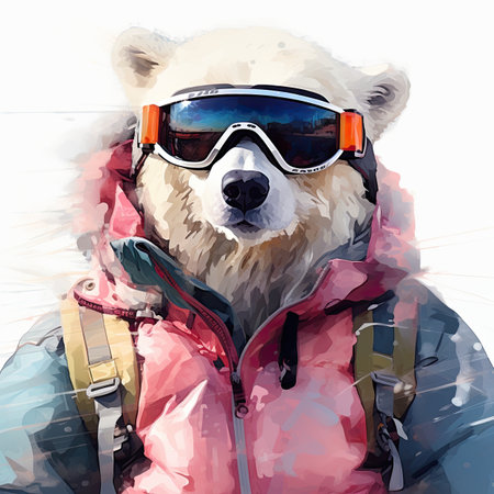 Polar bear in a winter jacket and ski goggles.の素材