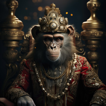 Monkey king in red fur coat and golden crown sitting on throne.の素材