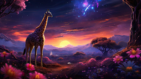 Fantasy landscape with giraffe in the forestの素材