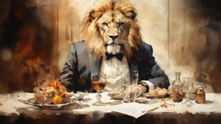 Lion sitting at the table in a restaurant.の素材