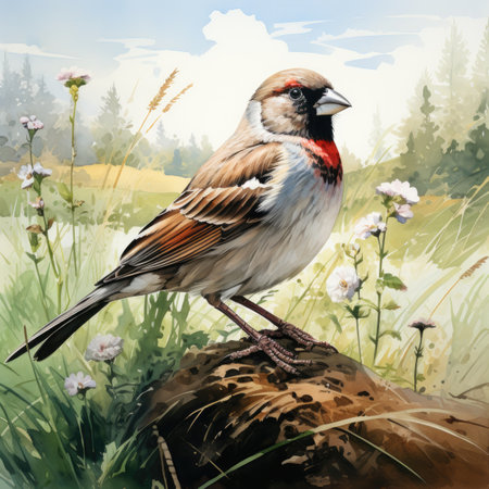 A red-finch sits on a stump in a meadowの素材