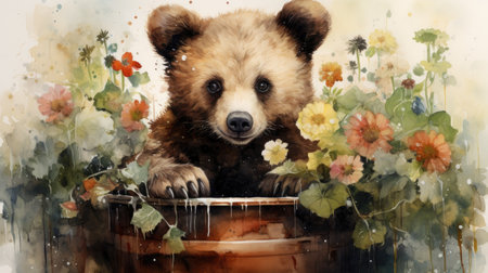 Watercolor cute brown bear sitting on a barrel with flowersの素材