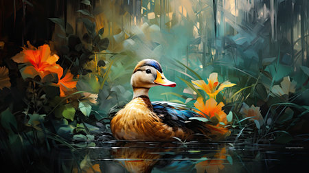 Duck swimming in the pond with flowers.の素材