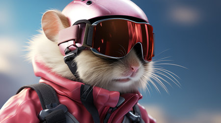 Cute little mouse wearing a helmet and ski goggles. Winter sports concept.の素材